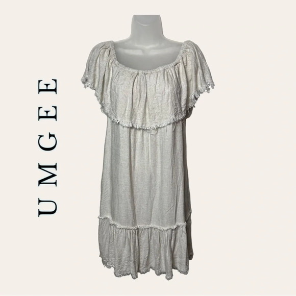 Umgee Dresses & Skirts - 0089. Umgee OFF SHOULDER BOHO MINI DRESS BEIGE IN COLOR SIZE SMALL FRAYED‎